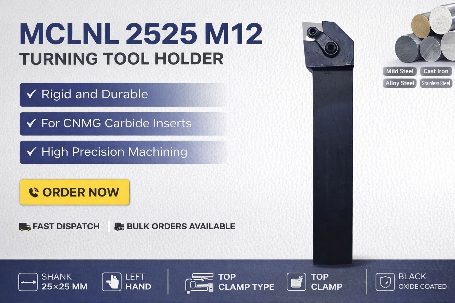 MCLNL 2525 M12 TOOL HOLDER SUITABLE FOR CNMG 12MM INSERT PCKT OF 1PIECE